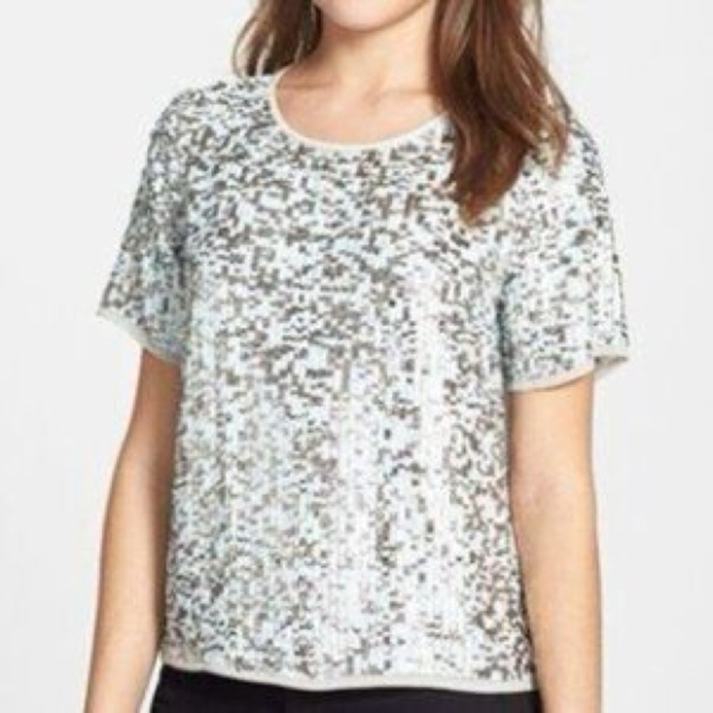 NWT Pleione Sequin Sparkle Short Sleeve Blouse Top Party Blue Silver Sz XL